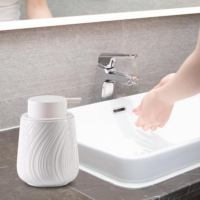 Agyiuns soap Dispenser Ceramic Lotion Dispenser with Easy-to-Press Pump for Bathroom 13.5 oz refillable Liquid Hand soap Dispenser for Hand sanitizers (Liquid-White)