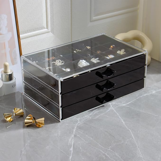 YUFONG Earring Storage Box Organizer 3 Drawers Acrylic Jewelry Storage Box Holder Transparent Jewelry Display Stand with 72 Small Compartments Gift for Women Girls (Black)