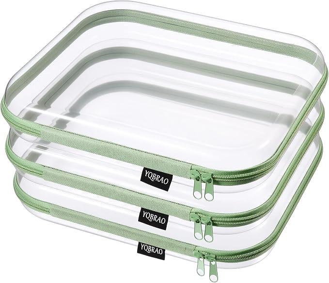 YQBRAO 3-Pack Large Clear Hard Shell Zipper Case, 1.2mm Ultra-Thick Rigid Toy & Closet Organizer, Heavy-Duty Diaper Bag Pouch Set with YKK Zippers, Waterproof Travel Storage (Green)
