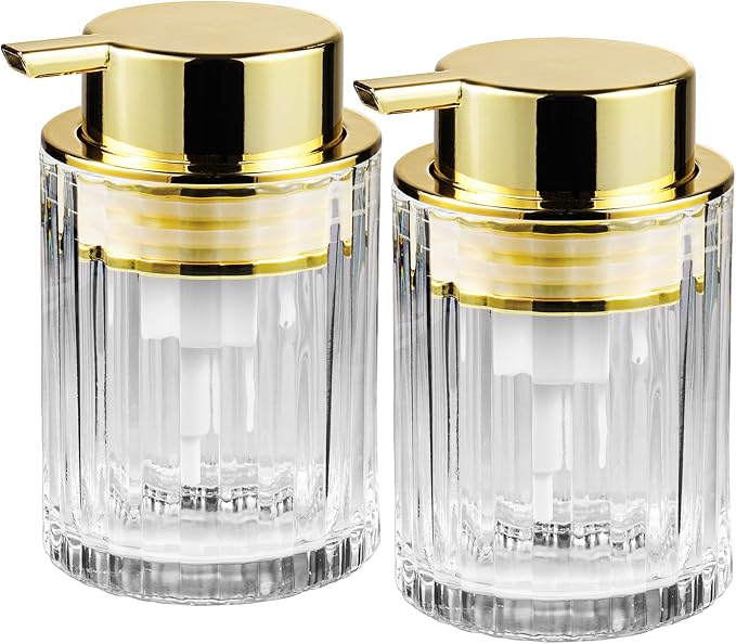 Foaming Hand Soap Dispenser, 8oz Refillable Clear Glass with Gold Pump, for Liquid Soap or Lotion, Vertical Ribbed Decor for Bathroom Vanity, Kitchen, Commercial Use - 2 Pack