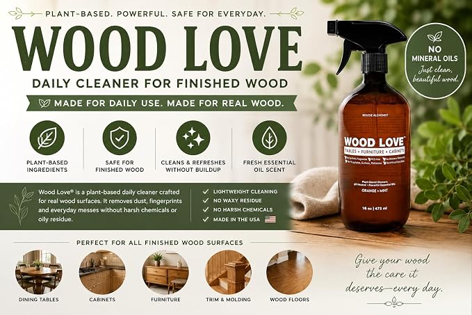 Wood Love® – Wood Furniture Cleaner Spray – Daily Wood Cleaner for Tables, Cabinets & Home Surfaces – 99% Plant-Based, Safe for All Finished Wood – Gentle Light Conditioning – 16oz, Made in USA