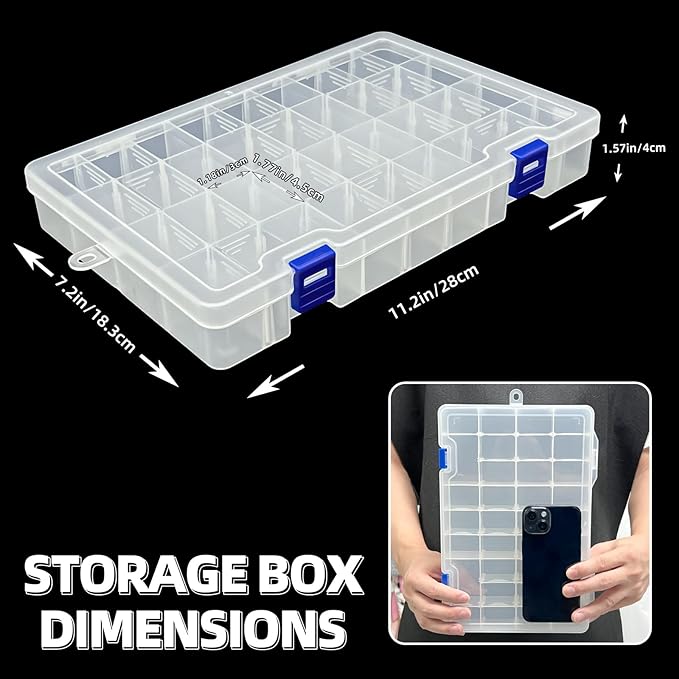 DUOFIRE Plastic Organizer Container Storage Box Adjustable Divider Removable Grid Compartment Big Clear Slot Box for Jewelry Beads Earring Container Tool Fishing Hook Small Accessories, Blue 34 Grids