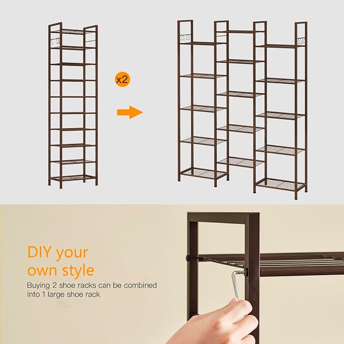 usikey 10 Tiers Narrow Shoe Rack 20-30 Pairs, Sturdy Metal Tall Shoe Rack Shelf with 4 Hooks, Slim Shoe Storage with Metal Shelf, Space Saving Vertical Shoe Organizer for Closet Entryway, Bronze