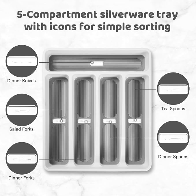 shopwithgreen Silverware Organizer with Cutlery Icons，Silverware Tray for Kitchen Drawer，Plastic Flatware Drawer Organizer Utensil Organizer with Non-slip TPR Linings，5-Compartment Silverware Caddy