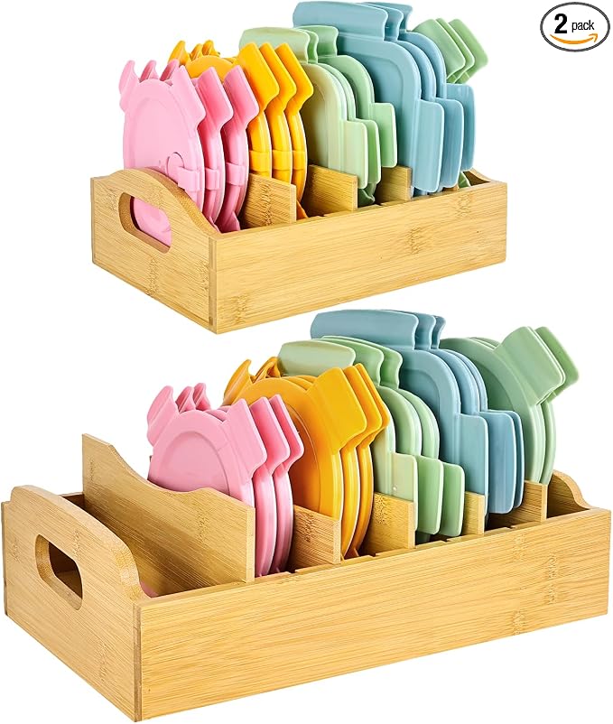 Artcochan 2 Pack Bamboo Lid Organizer, 10.6" x 8.2"/13.2" x 10"Food Storage Container Lid Holder with Adjustable Dividers, Kitchen Storge and Organization Rack for Cabinet Drawer and Countertop