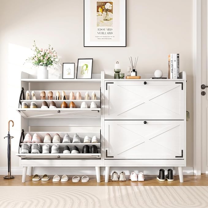 YZ HOME Shoe Storage Cabinet with 2 Flip Drawers, Entryway Shoe Cabinet with 2 Metal Hooks & Adjustable Shelves Freestanding Shoe Organizer Narrow Shoe Rack for Entrance Hallway Foyer Front Door