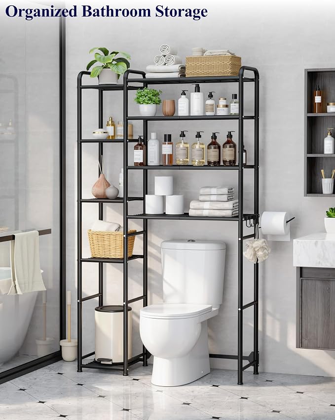 Kitsure Over the Toilet Storage – 9-Tier Black Metal Bathroom Organizer Shelves with Adjustable Side Shelves, Space-Saving Over Toilet Rack for Small Bathrooms, Apartments & Rental Homes, 68.7" H