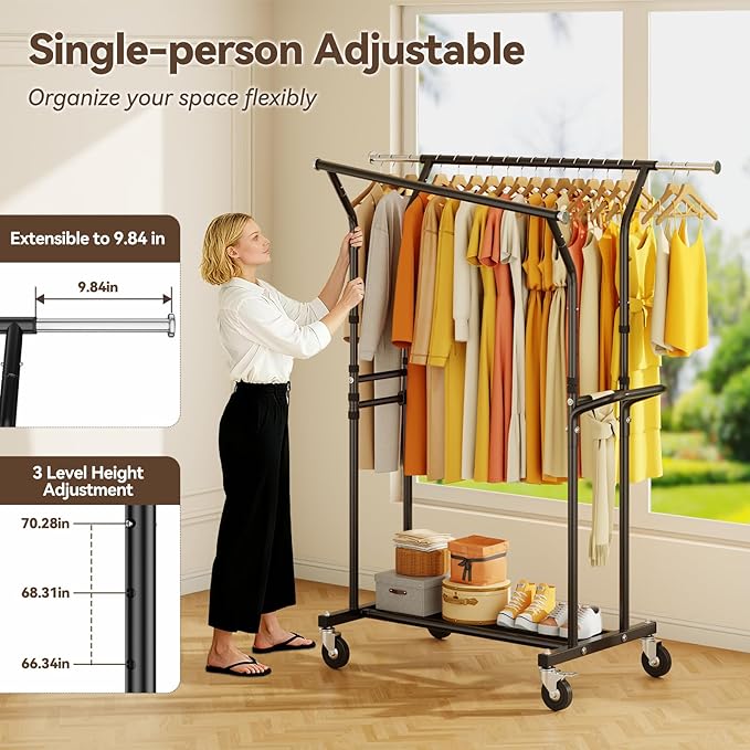 800LBS Heavy Duty Clothes Rack: Rolling Clothing Rack for Hanging Coat Double Rods Portable Wardrobe Garment Racks with Wheels Shelf Sturdy Metal Adjustable Bedroom Laundry Living Room (Brown)