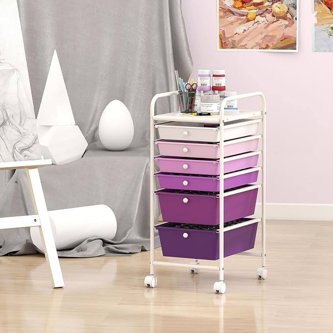 Giantex 6 Storage Drawer Cart Rolling Organizer Cart for Tools Scrapbook Paper Home Office School Multipurpose Mobile Utility Cart, Purple Gradient