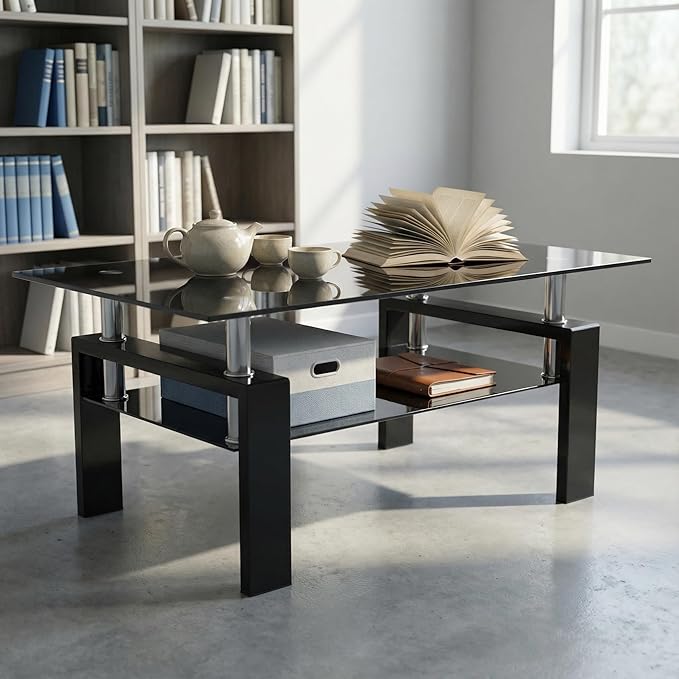 Meihua Rectangle Glass Coffee Table 2-Tier Tea Table Modern Side Coffee Table for Living Room (All Black)