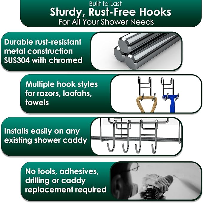 Shower Caddy with Hooks - 4 Pack Silver Razor Hanger and Loofah Holder
