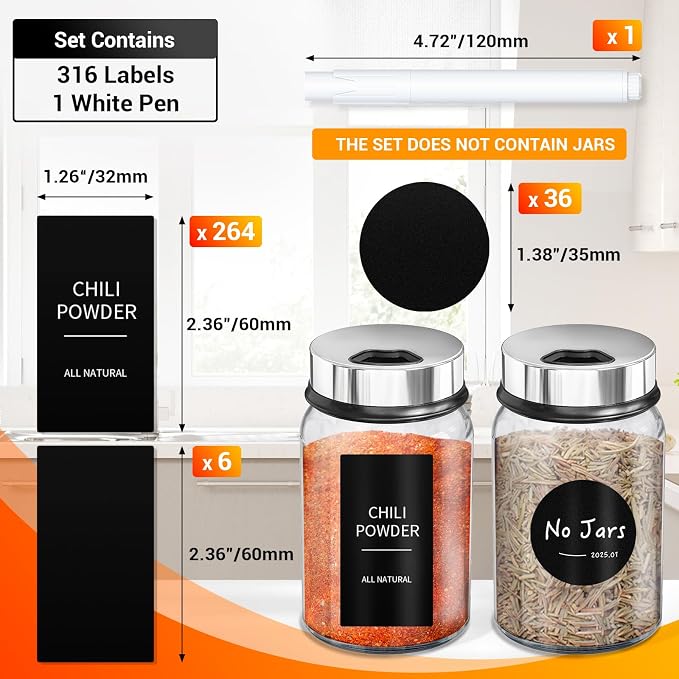 Segarty Spice Labels, 316 Pcs Square Black Preprinted Pantry Label and Blank Stickers with 1 Chalk Marker, Removable Write On Sticker for Food Container, Condiment Jars, Seasoning Bottle