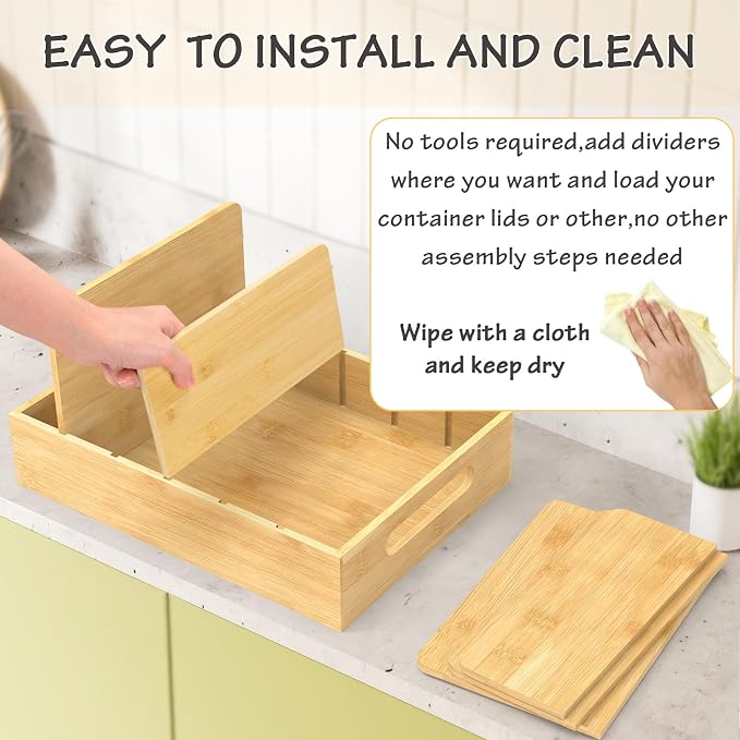 Retro Shaw Lid Organizer for Plastic Lids, with 5 Adjustable Dividers | Bamboo, Kitchen Storage and Organization, Fit For Cabinet and Drawer