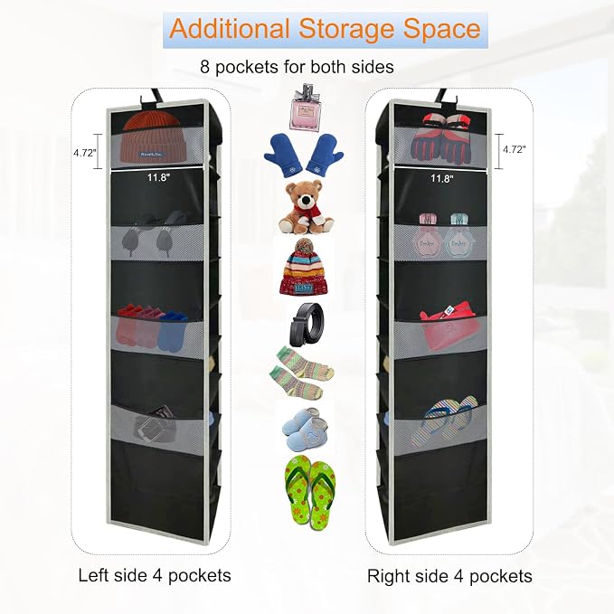 Large-Sized Hanging Shoe Organizer 10-Shelf, Sturdy Hanging Closet Organizer with 8 Side Pockets, Wider Hanging Shelves for Storage Shoes Clothes Jeans Shirts Toys, Black