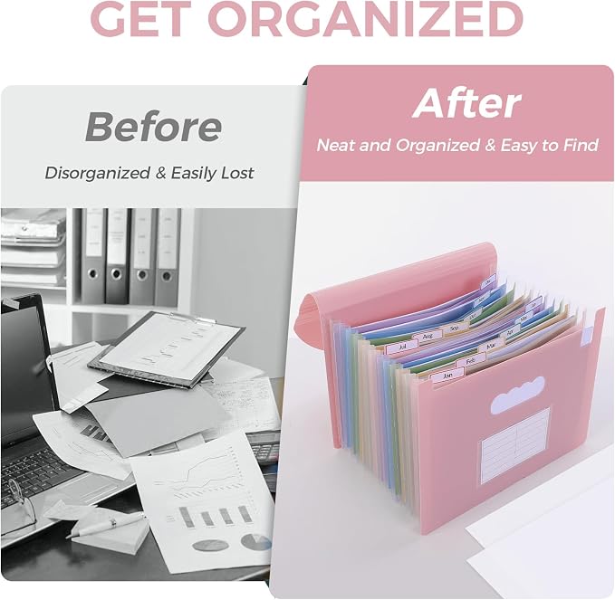 SKYDUE 13-Pocket Expanding File Folder, Accordion Document Organizer with Monthly Labels, A4 & Letter Size for Tax Records, Medical Files, Receipts, Home Office Use Pink