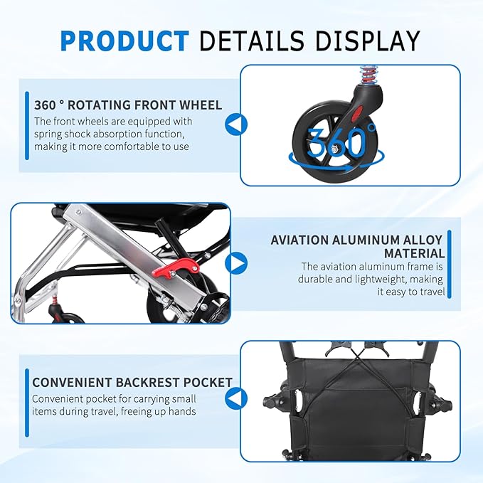 Ultra Lightweight Foldable Wheelchair, Only 19.8 lbs, Airline Approved, 300 lbs Capacity, One-Second Fold, All-Terrain Wheels, Compact Transport Chair for Adults Seniors (Black-Orange)