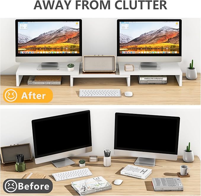 TAVR Dual Monitor Stand Riser, Wooden Computer Monitor Stand for 2 Monitors | Extra Long Multifunctional Desktop Organizer Riser for TV, PC Monitor, Laptop, Printer, Max 43.3" Length, White