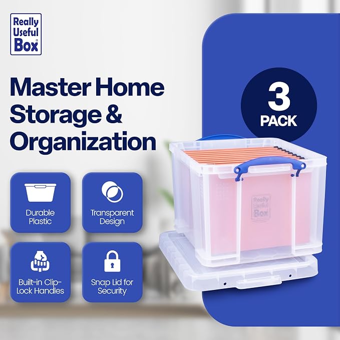 Really Useful Box 3-Pack Clear Stackable Storage Containers with Snap Lids, 32 Liters - Plastic Organizer Bins with Clip-Lock Handles for Home, Bedroom, Closet, Bathroom, Garage, and Office