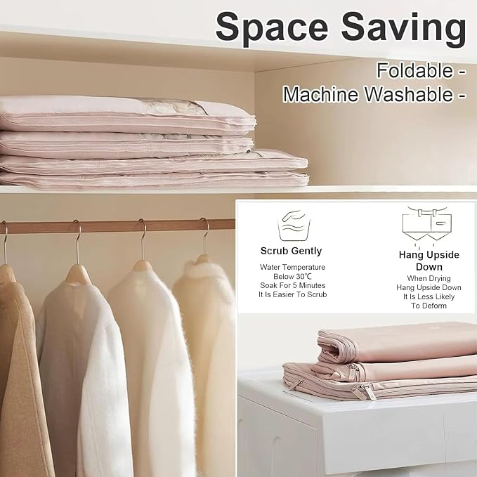 3PCS Space Saving Hanging Garment Bag with Self Compression Zipper, Compression Space Saver Closet Storage Organizers, Dust Cover Clothes Bags for Down Coat (Beige,Large)