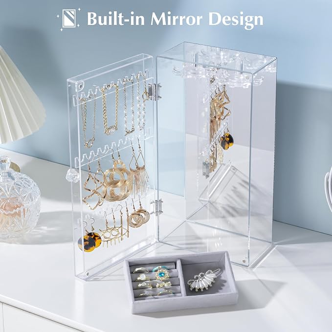 Lolalet Earring Holder Organizer, Acrylic Jewelry Organizer Rotating Clear Earrings Display Box, Dust-proof Jewelry Storage Case with Velvet Tray -Earringmirror
