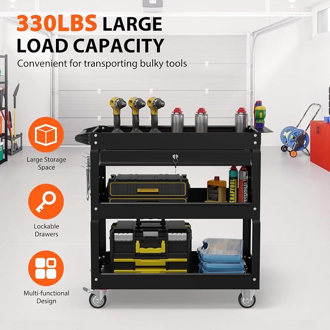 3 Tier Heavy Duty Rolling Tool Cart with Drawers, Large Storage Utility Cart on Wheels for Garage, Warehouse, Repair Shop (Black)