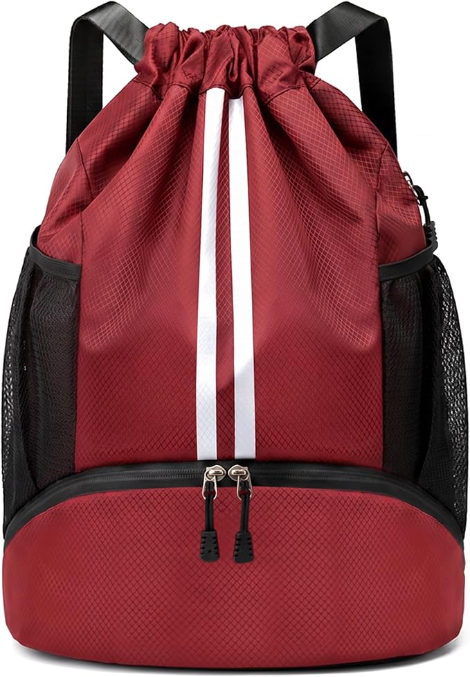JELUTAR Drawstring Backpack Gym Bag with Shoes Compartment, Burgundy | Water-Resistant String Backpack for Soccer, Basketball, Swim, Beach Cinch for Women Men, 22 L Large Capacity, Wet Pocket
