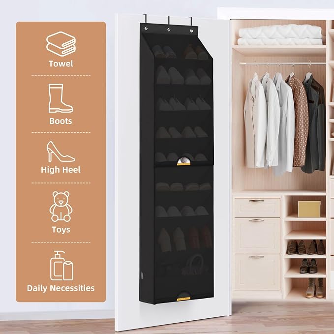 STORAGE MANIAC Over the Door Shoe Organizer with Curtain Dustproof Heavy-Duty Large Deep Pocket Hanging Shoe Organizer for Closet Dorm & Narrow Door Storage Shoe Holder Shoe Rack, 9-Shelf Black 1 Pack