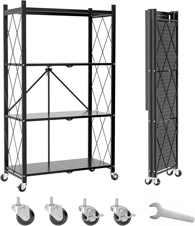 4 Tier Foldable Storage Shelves on Wheels, Heavy Duty Metal Shelving Unit, No Assembly Required for Kitchen, Garage, Pantry, Basement, Bookshelf, Black