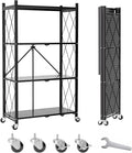 4 Tier Foldable Storage Shelves on Wheels, Heavy Duty Metal Shelving Unit, No Assembly Required for Kitchen, Garage, Pantry, Basement, Bookshelf, Black