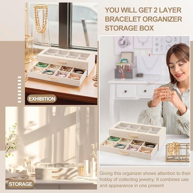 Yookeer 16 Grids Bracelet Box with Clear Top 2 Layer PU leather Bracelet Holder Case Bracelets Storage Holder Display Box jewelry organizer with Drawer for Women Bangles Watch Earring Storage gifts
