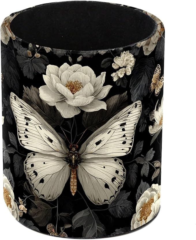 Leather Pen Holder for Desk, White Butterfly Pencil Cup Pen Organizer Makeup Brush Holder for Office Home Kids Countertop Desk Accessory Storage