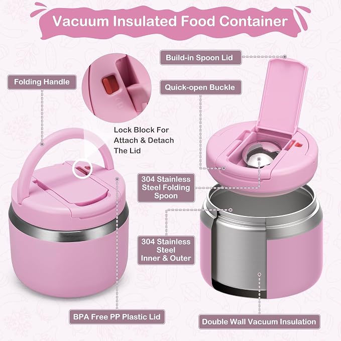 MAXSO 14oz Vacuum Insulated Food Jar with Spoon Buckle Lid, Kids Soup Thermo for Hot Food Wide Mouth Leakproof Stainless Steel Lunch Container - Pink