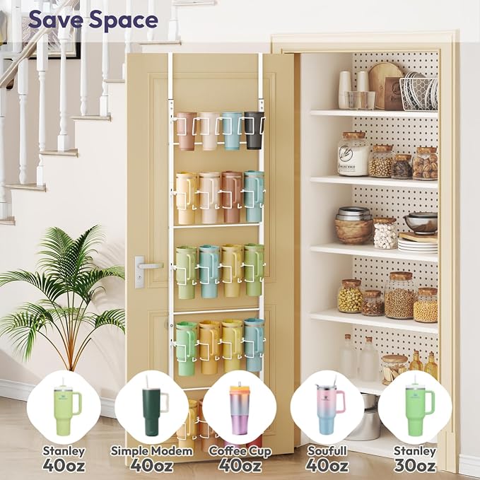 SWTYMIKI 5-Tier Water Bottle Organizer – Over the Door Stanley Cup Holder, Cup Organizer for Door or Wall Mount Option, Stanley Accessories for Pantry, Dorm, Office, RV Use, White