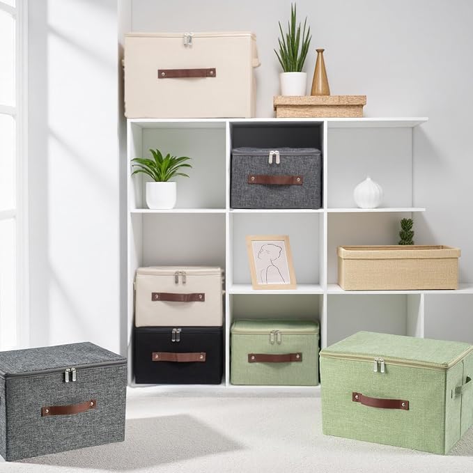 3 Pack Storage Bins with Zipper Lid Fabric Lidded Storage Boxes Baskets Cubes Washable Collapsible PU Leather Handle Cotton Linen Fabric Shelf Closet Organizer Container(Beige, Large Size)