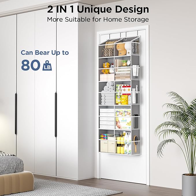 2 Pack 5-Tier Over The Door Organizer with 10 Side Mesh Pockets & Clear Windows, 80 lbs Weight Capacity Hanging Storage for Bathroom, Bedroom, Nursery, Kitchen, Organize Shoes, Diapers(Clear Grey)