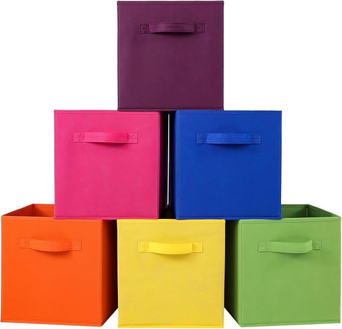 Stero 13x13x13 Inch Fabric Storage Bins 6 Pack Fun Colored Durable Storage Cubes with Handles Foldable Cube Baskets for Home, Kids Room, Closet and Toys Organization Orange-Multi Colors-1