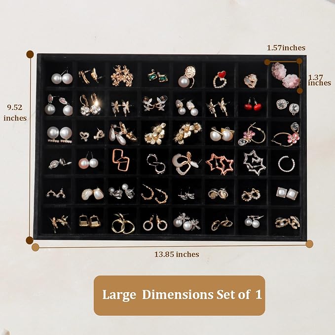 Large Jewelry Organizer for Drawer Insert Velvet Stackable Jewelry Trays for Earring Necklace Bracelet Ring Display (Black, 24 Grids)