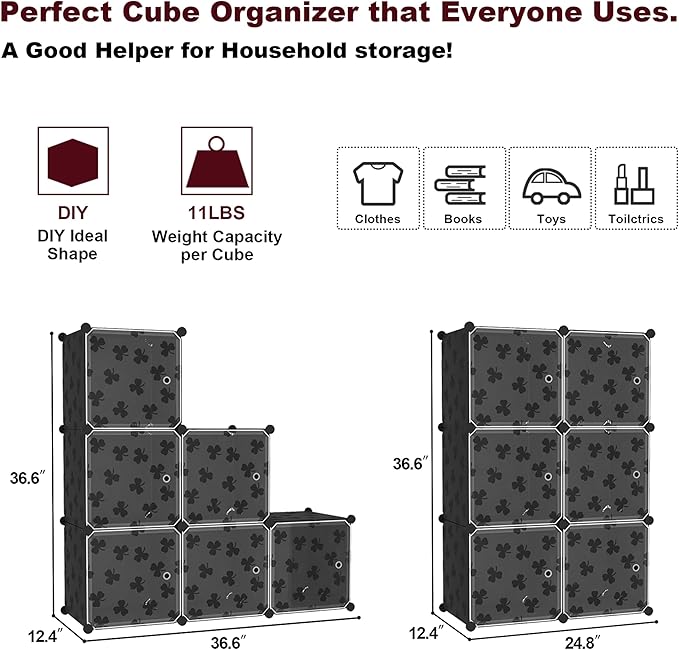 C&AHOME Cube Storage Organizer with Doors, 6-Cube Shelves, DIY Plastic Modular Bookshelf, Closet Clothes Storage Shelving Ideal for Bedroom, Living Room, Clover Embossed, Black