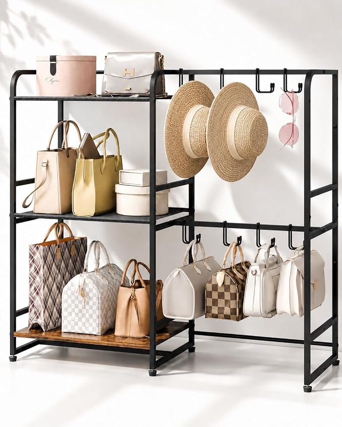 Large Purse Organizer, 3-Tier Purse Rack, Wall Mount or Freestanding | Stores handbags, totes and purses with 12 hooks, Adjustable layout keeps bags visible, freestanding or wall mounted organizer