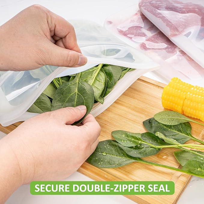 100% Silicone Flat Gallon Freezer Bags, 4 Pack Extra Large Reusable Silicone Ziplock Bags Gallon Size for Freezer, Double Zipper Seal, BPA & Microplastic Free, Freezer Microwave Sous Vide Safe, Clear