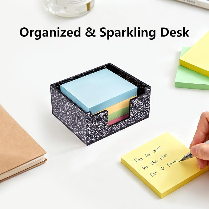 Acrylic Sticky Note Holder 4x4in Tray for Desk, Black Glitter | Sparkling glitter acrylic tray, fits 3x3 sticky notes, compact organizer for office school and home