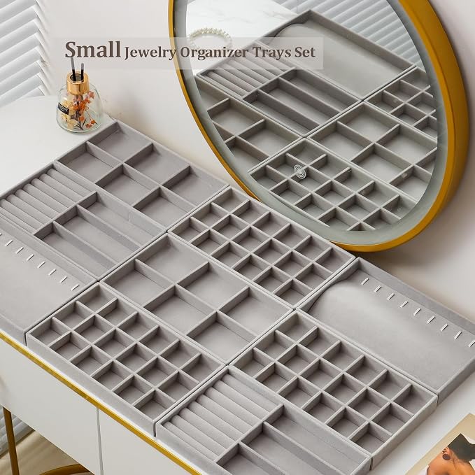 SPAKOWN Jewelry Trays Organizer for Drawer, 9 Set of Small Jewelry Display Case Storage Velvet Stackable Drawer Inserts Organizer for Necklaces Bracelets Earrings Rings (Grey)