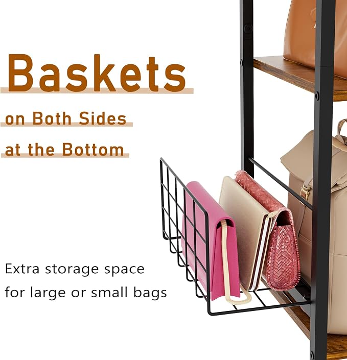 koozuuyk 4-Tier Purse Organizer for Closet with 3 Side Hooks and 2 Baskets, High Capacity Purse Rack Stand for Purse Storage, Metal & Wood Handbag Holder for Handbag Organizer, Patent Pending