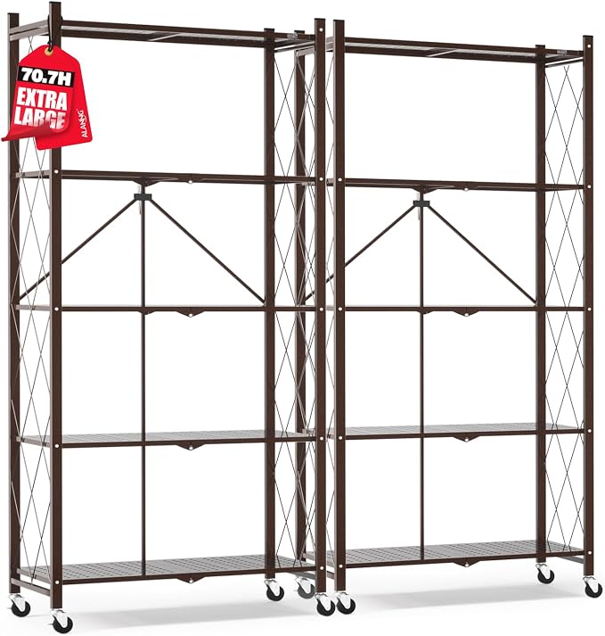 ALANNG 70.7" H Metal Storage Shelves, 5 Tier Folding Shelf on Wheels | Heavy Duty, No Assembly, Rolling, Collapsible Rack Unit for Kitchen, Basement, Pantry (Vintage Brown,2 Pack)