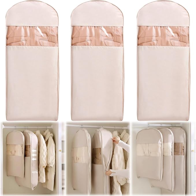 3PCS Space Saving Hanging Garment Bag with Self Compression Zipper, Compression Space Saver Closet Storage Organizers, Dust Cover Clothes Bags for Down Coat (Pink,X-Large)
