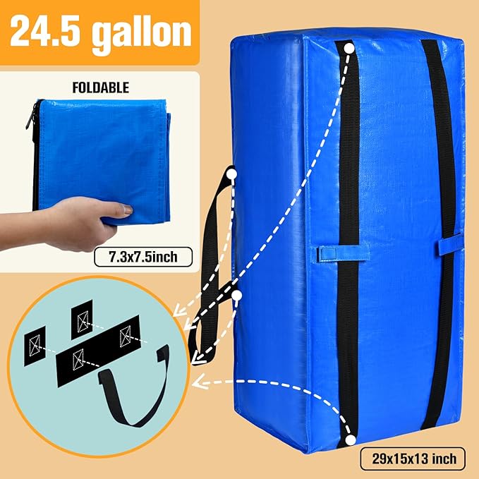 Heavy Duty Large Storage Bags, XL Blue Moving Bags for College Dorm Room Essentials, Moving Supplies Compatible with IKEA Frakta Cart, 4 Packs