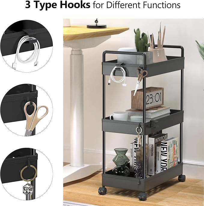 SOLEJAZZ 3 Tier Slim Rolling Storage Cart Organizer with Wheels, Black | Utility cart for bathroom, laundry, bedside, dorm&narrow spaces. Fits craft, nail, makeup, snack, art, diaper&baby essentials