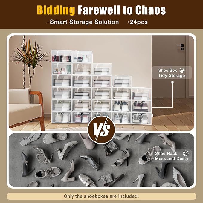 24 PCS Shoe Boxes, Premium Clear Plastic Stackable, 13 x 9.1 x 5.5 Inch Shoe Organizer for Bedroom, Living Room