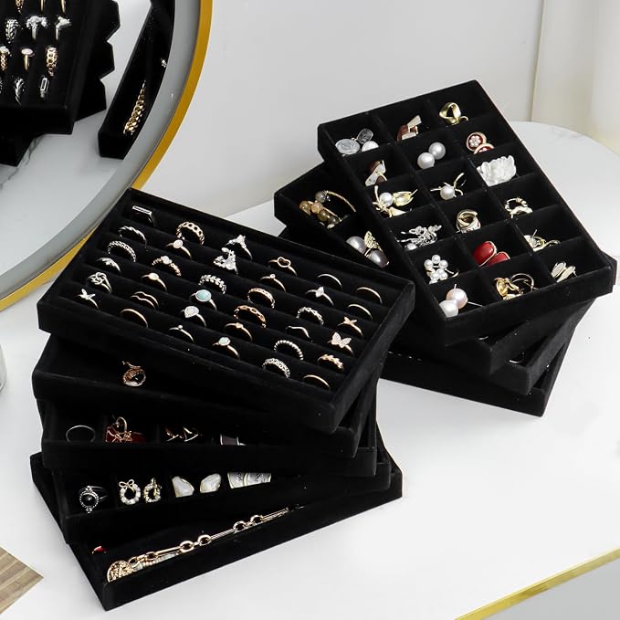 SPAKOWN Jewelry Drawer Organizer Inserts Set of 9, Jewelry Trays for Drawers Velvet Jewelry Organizer Tray Drawer Jewelry Organizers and Storage for Earring Ring Necklace Watch Bracelet (Black)
