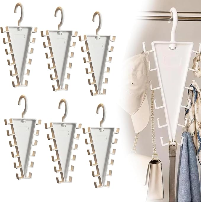 V Shaped Double-Sided Closet Organizer Hanger, 360° Rotating Multi-Layer Vertical Clothes Storage Rack with 12 Hooks, Space Saving Organizer for Hats, Scarves, Belts, Bags and Ties (6PC)